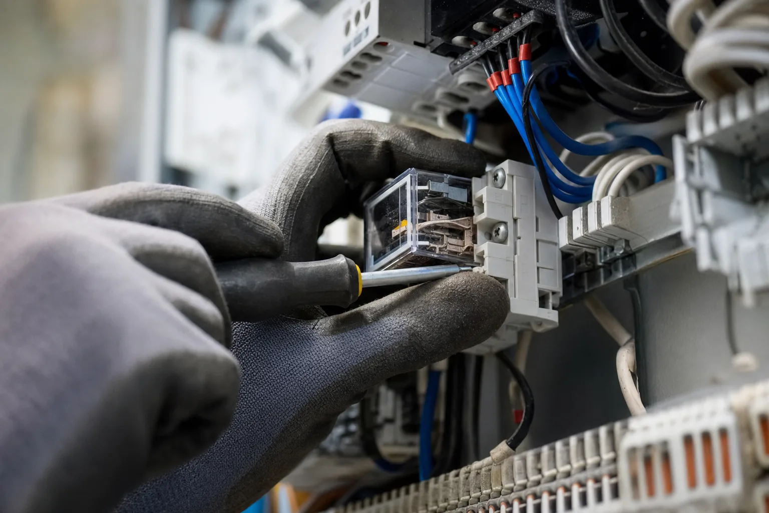 Un installatore al lavoro su un quadro elettrico.