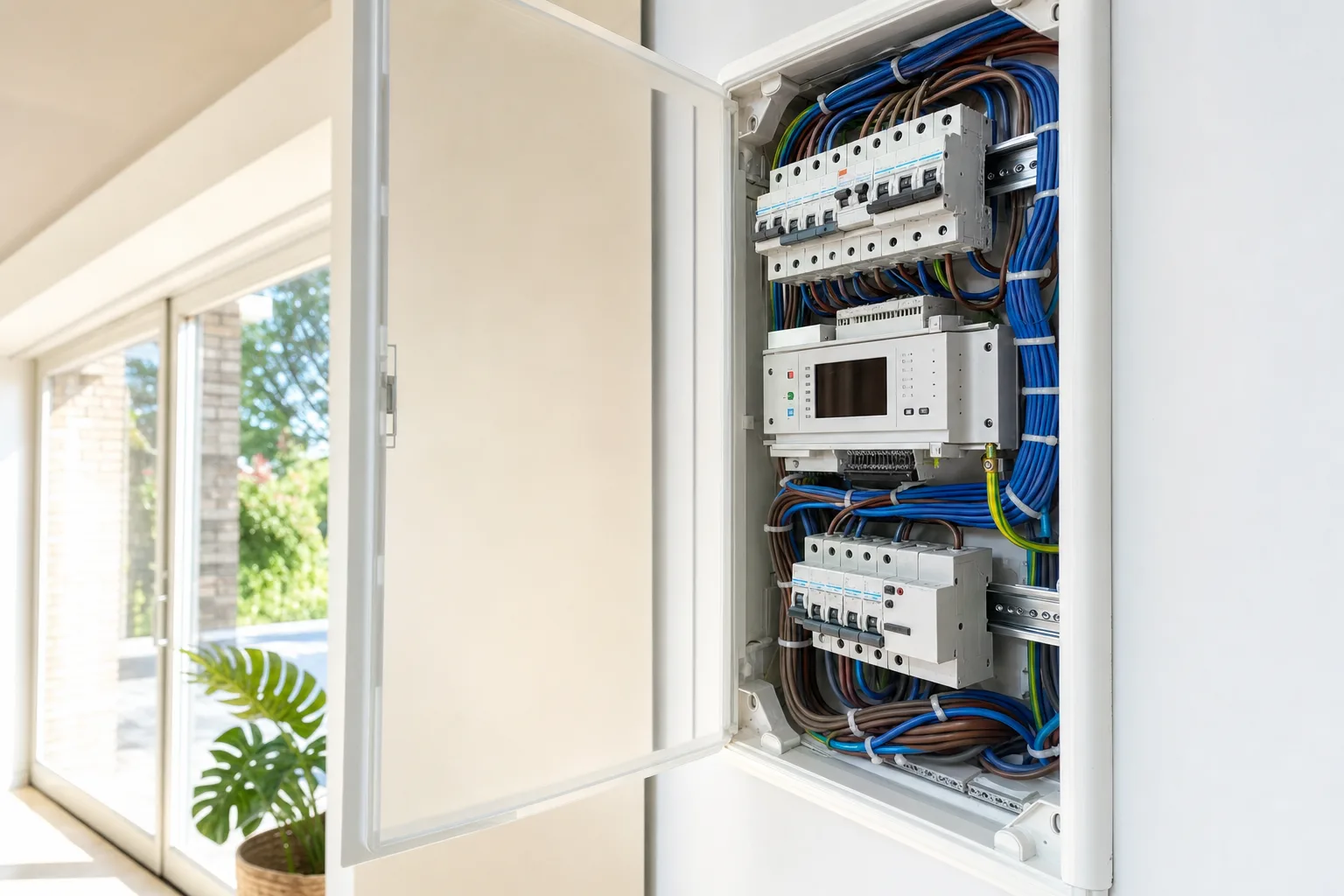 Un quadro elettrico ordinato, con lo sportello aperto, dentro una casa luminosa.