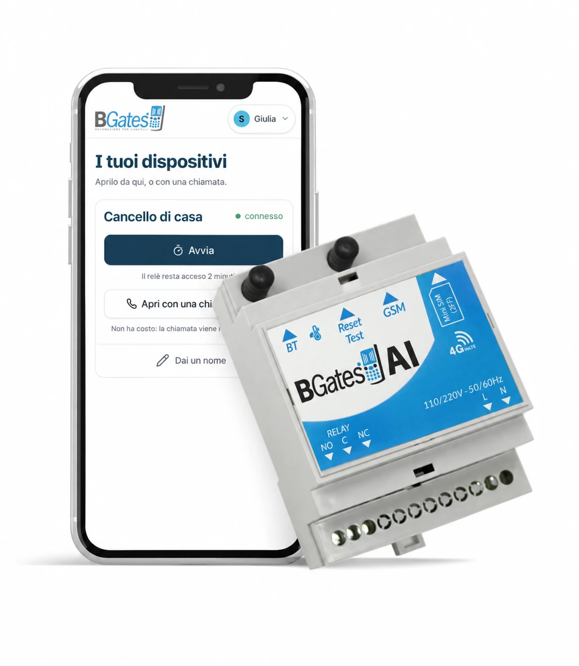 Il modulo BGates AI 4G accanto a uno smartphone con la web app.
